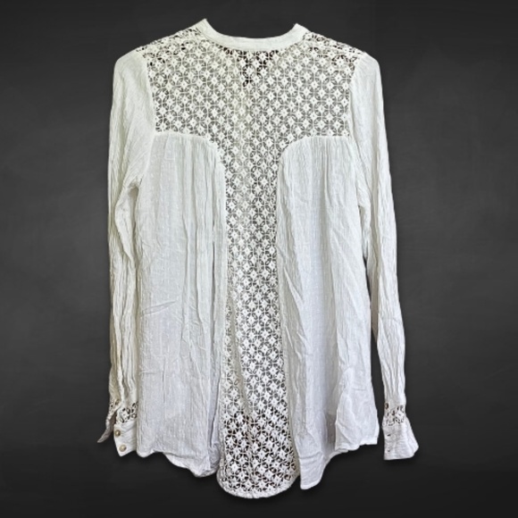 Free People Blouse Lace Inset Button Front‎ Long Sleeves High-Low Hem White W M - Picture 4 of 12